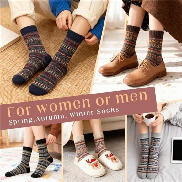 Womens Wool Socks 5 Pairs Winter Warm Sock Thick Knit Cabin Cozy Crew Soft - Picture 2 of 14